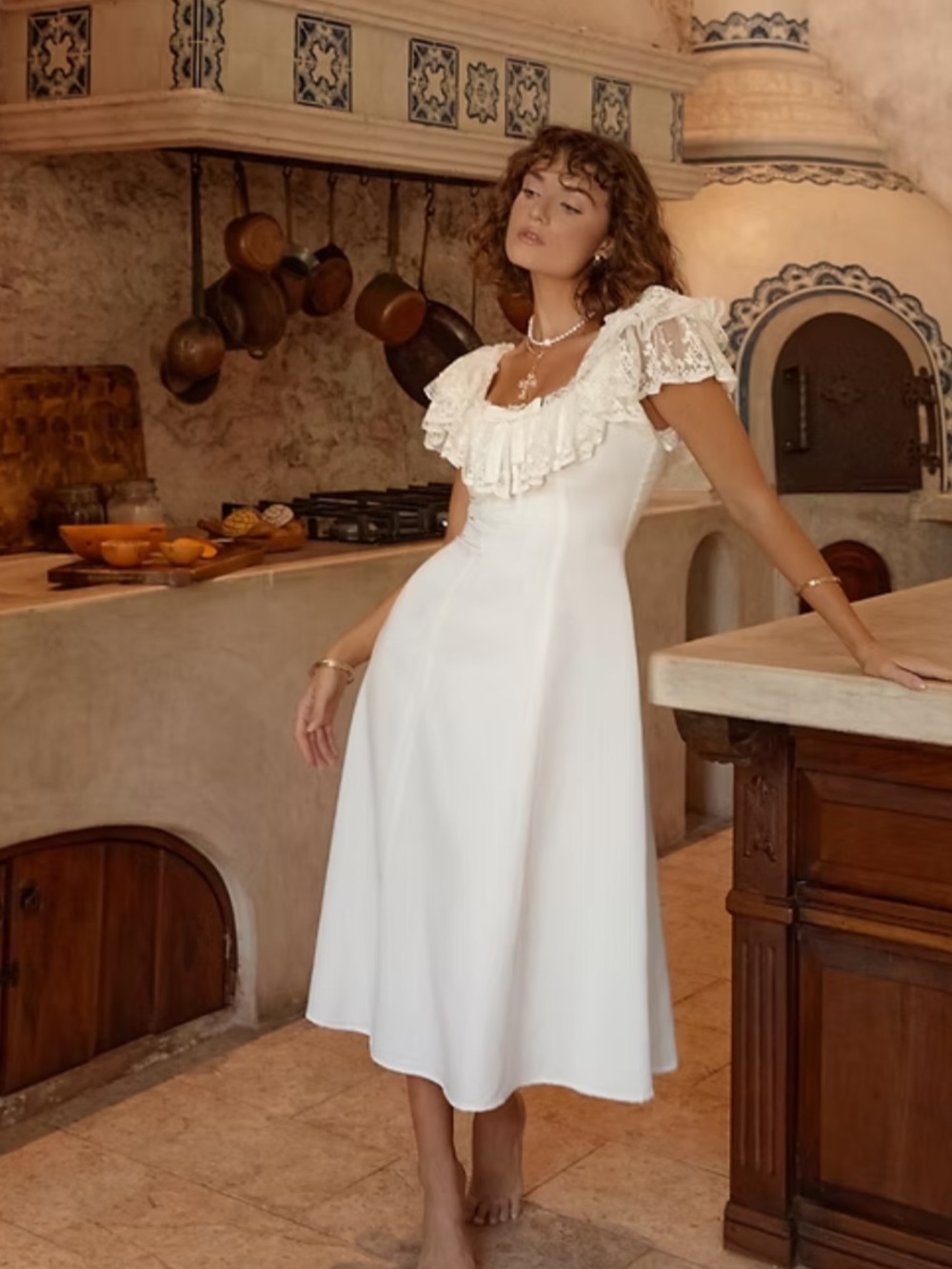 Romantic White Lace-Trim Midi Dress